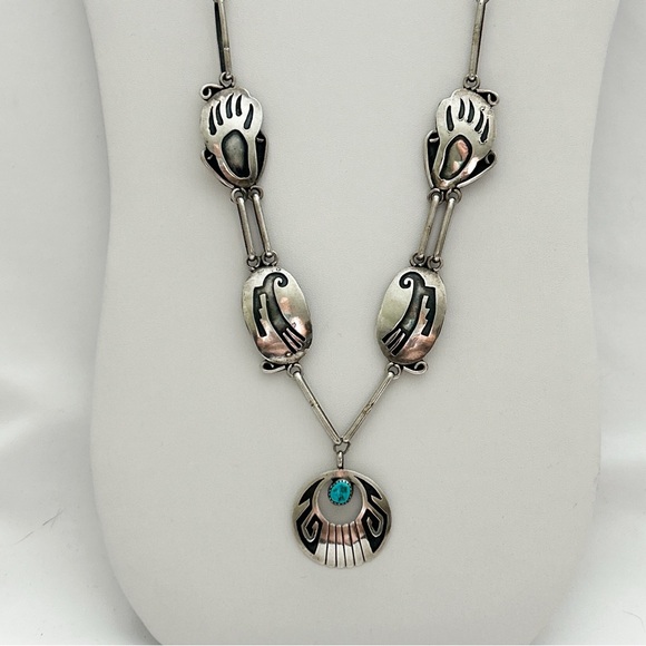 Amazing Vintage Danny Clark Navajo Turquoise Sterling Silver Overlay Necklace - Picture 9 of 14